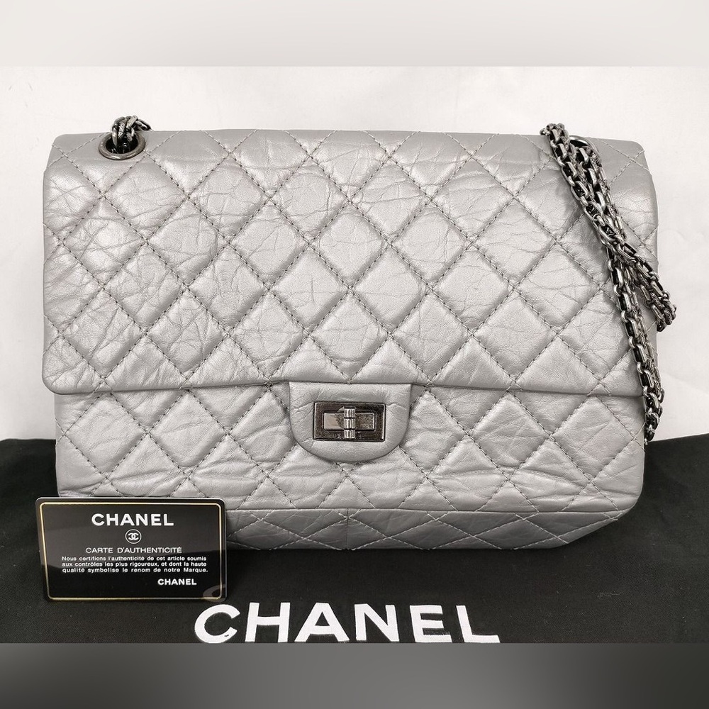 Chanel 255 Silver Calfskin Quilted Metal Chain Flap Bag Series 15